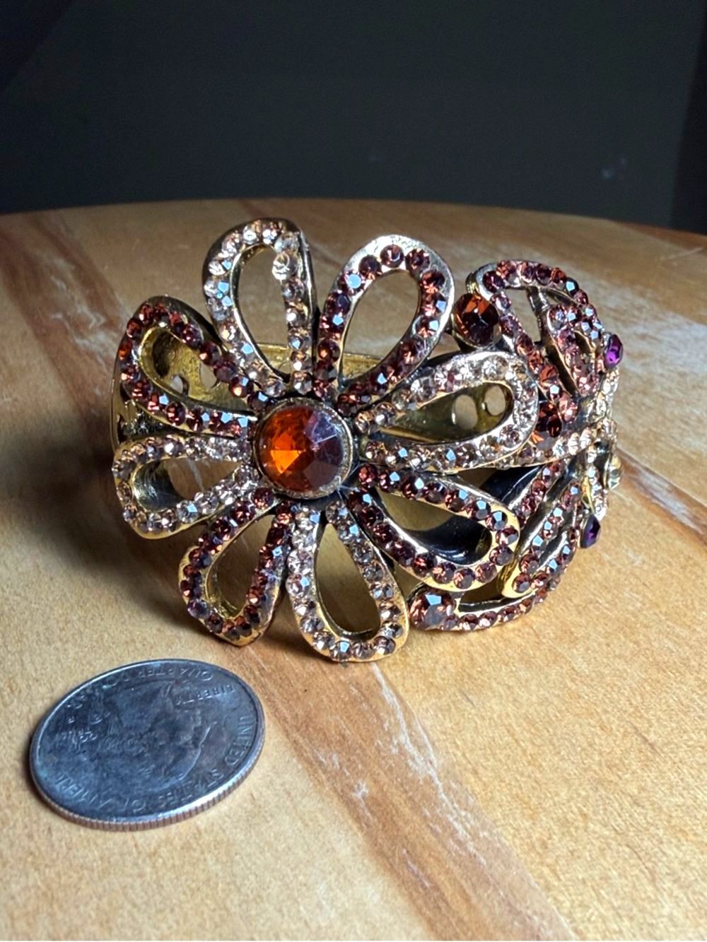 Vintage Gold Tone Amber Rhinestone Floral Cuff Bracelet Statement Filigree